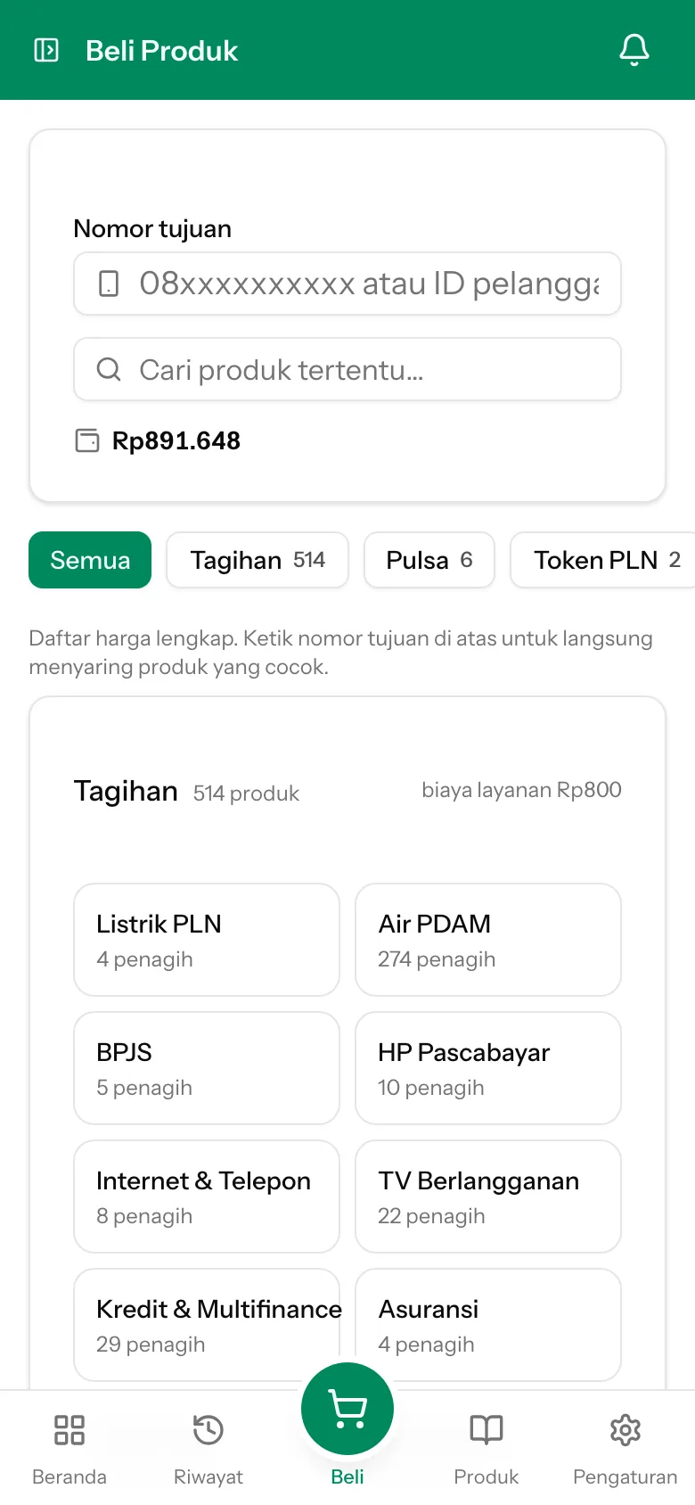 Layar Beli Produk di aplikasi: kolom nomor tujuan, saldo agen, dan katalog per kategori