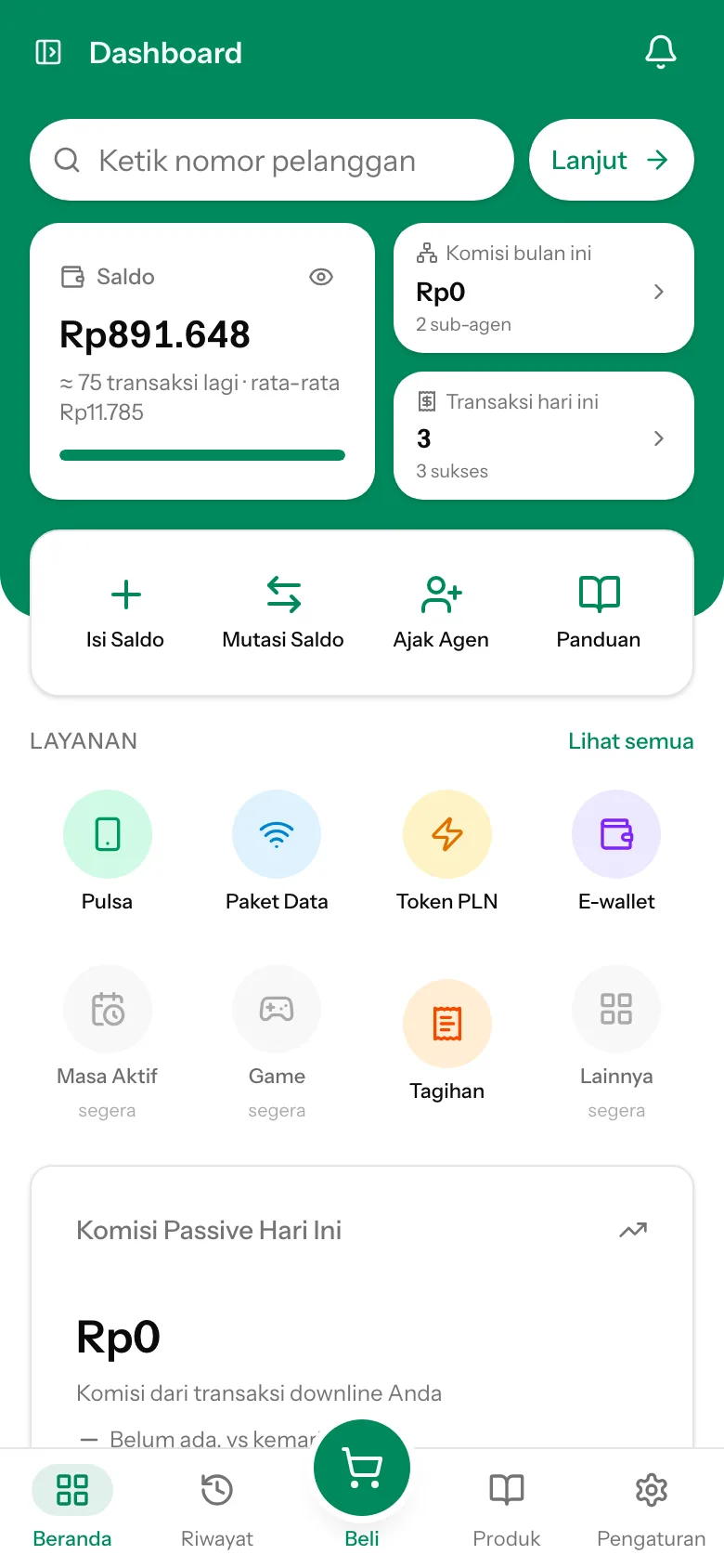 Layar utama aplikasi di ponsel agen: saldo, kolom nomor pelanggan, dan pintasan isi saldo