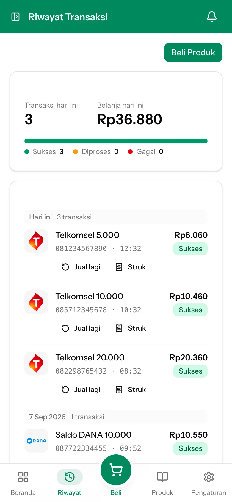 Layar Riwayat Transaksi di aplikasi: ringkasan hari ini dan daftar transaksi berikut statusnya