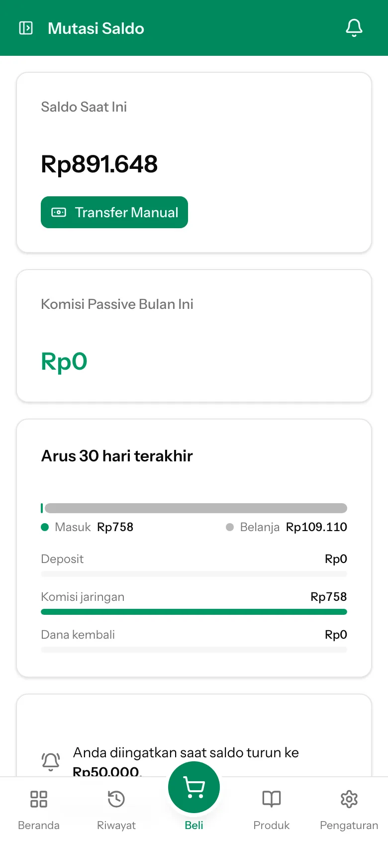 Layar Mutasi Saldo di aplikasi: arus saldo 30 hari dan rincian deposit, komisi, serta belanja